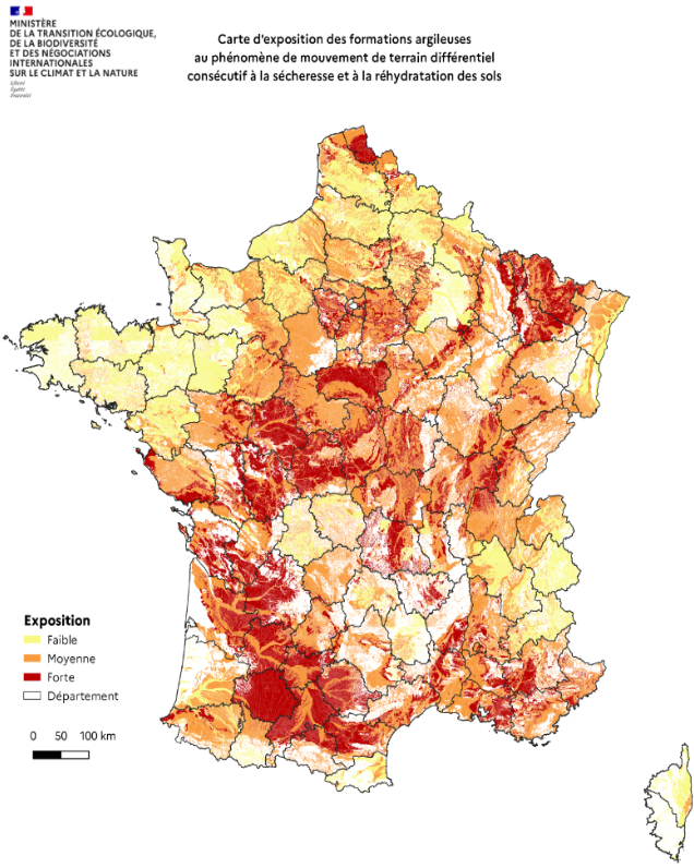 Carte officielle française d'exposition au retrait-gonflement des argiles avec légende et limites départementales